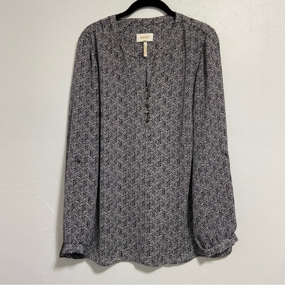 Laundry by Shelli Segal Women's Blouse Top Shirt Long Sleeve Black White Large